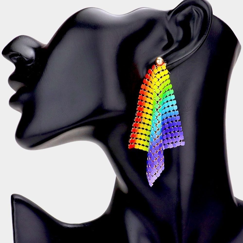 Gold & Rainbow MultiColored Mesh Chain Drop Statement Earrings
